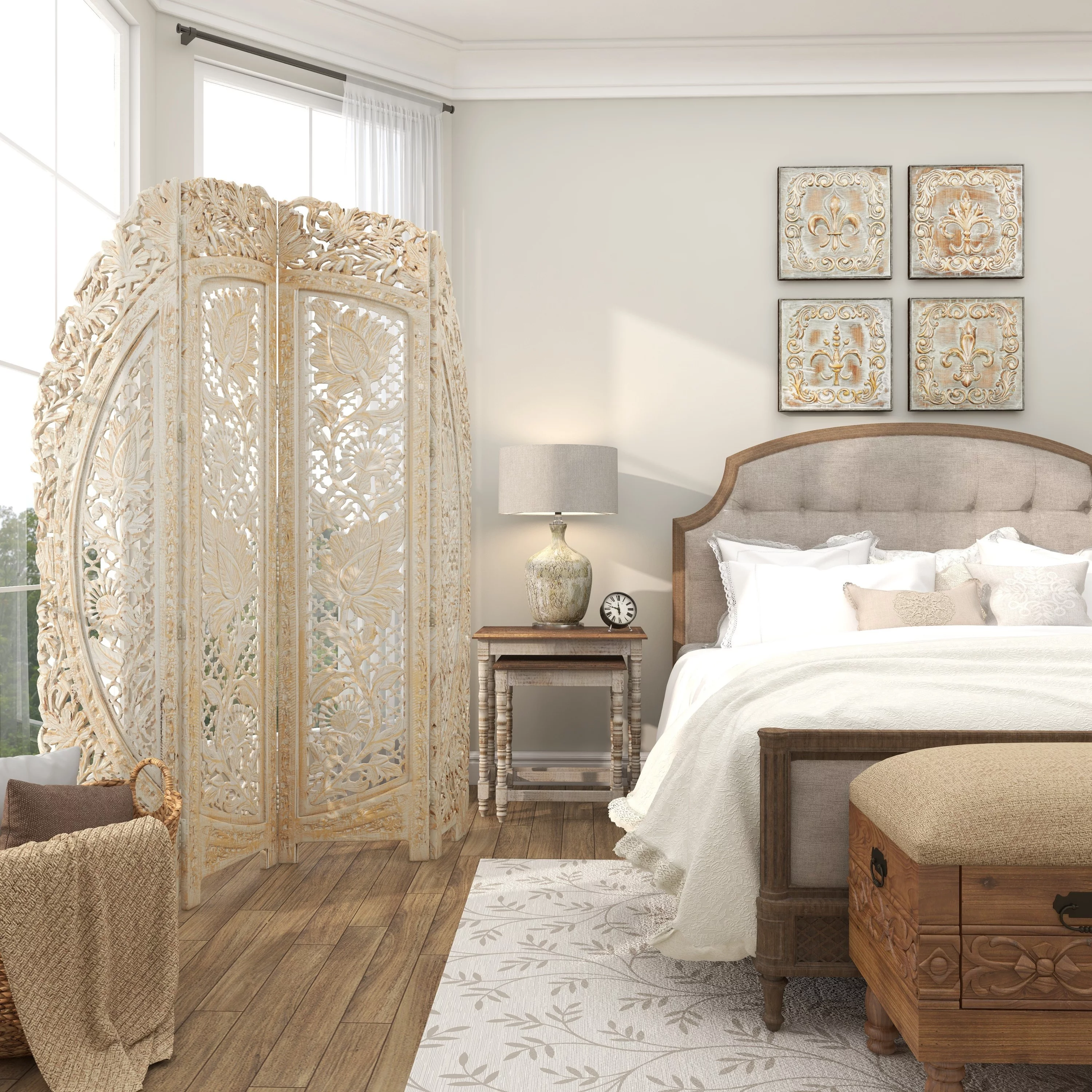 DecMode 60" x 72" White Wood Floral Handmade Foldable Arched Partition 4 Panel Room Divider Screen with Intricately Carved Designs, 1-Piece