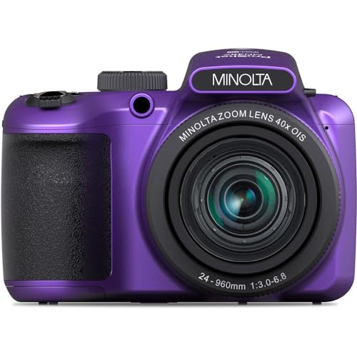 MINOLTA MN40Z 20 Mega Pixels 40x Optical Zoom Digital Camera with 1080p FHD Video (Purple) Bundle with 64GB Memory Card + Vlog Tripod + 4xAA Battery