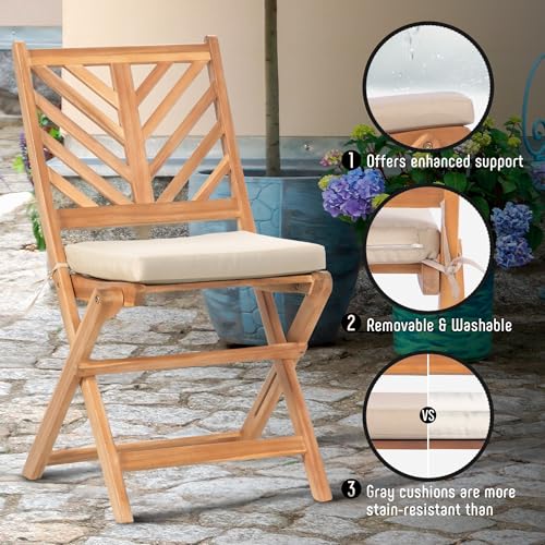 3-Piece Acacia Wood Patio Set, Foldable Bistro Table and Chairs Set of 2,Small Patio Furniture Set with Cushions