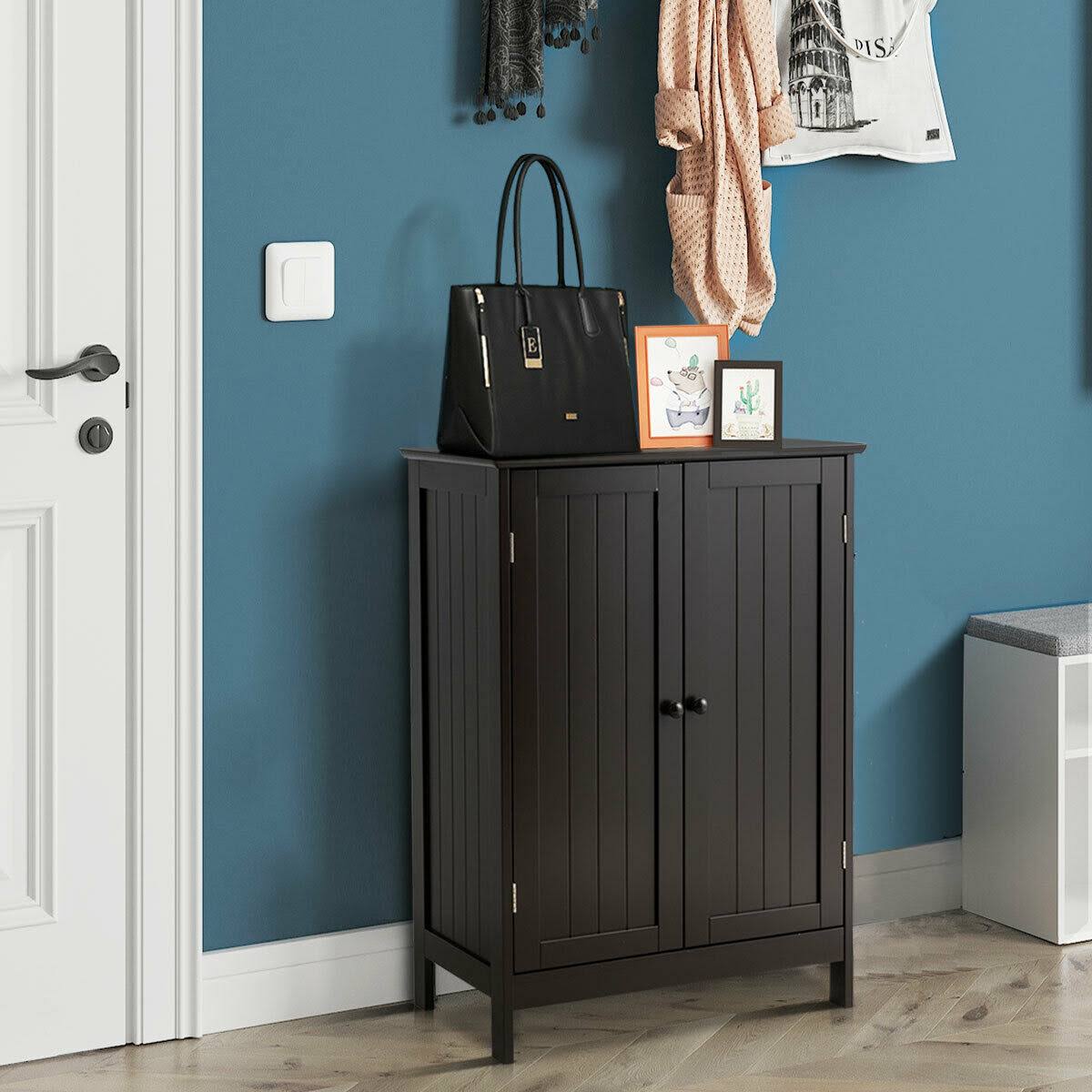 Costway Bathroom Floor Storage Double Door Cupboard Cabinet-Brown
