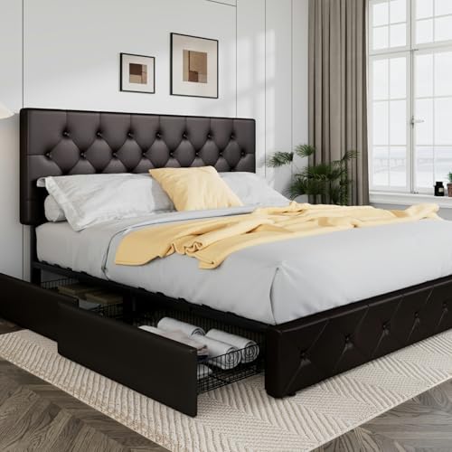 Allewie Upholstered Queen Size Platform Bed Frame with 4 Storage Drawers and Headboard, Square Stitched Button Tufted