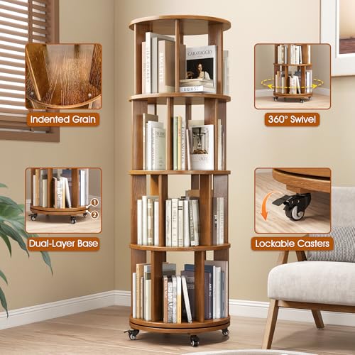 6 Tier Rotating Bookshelf Tower Spinning Bookshelf with Swivel Wheels Book Shelf Rotating Storage Tower for Kids Adult Narrow Walnut Solid Wood