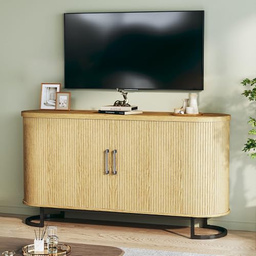 Sideboard Buffet Cabinet with Storage, 54.3" Fluted Tambour, Adjustable Shelves, Mid Century Modern Console for Living Room Kitchen Walnut