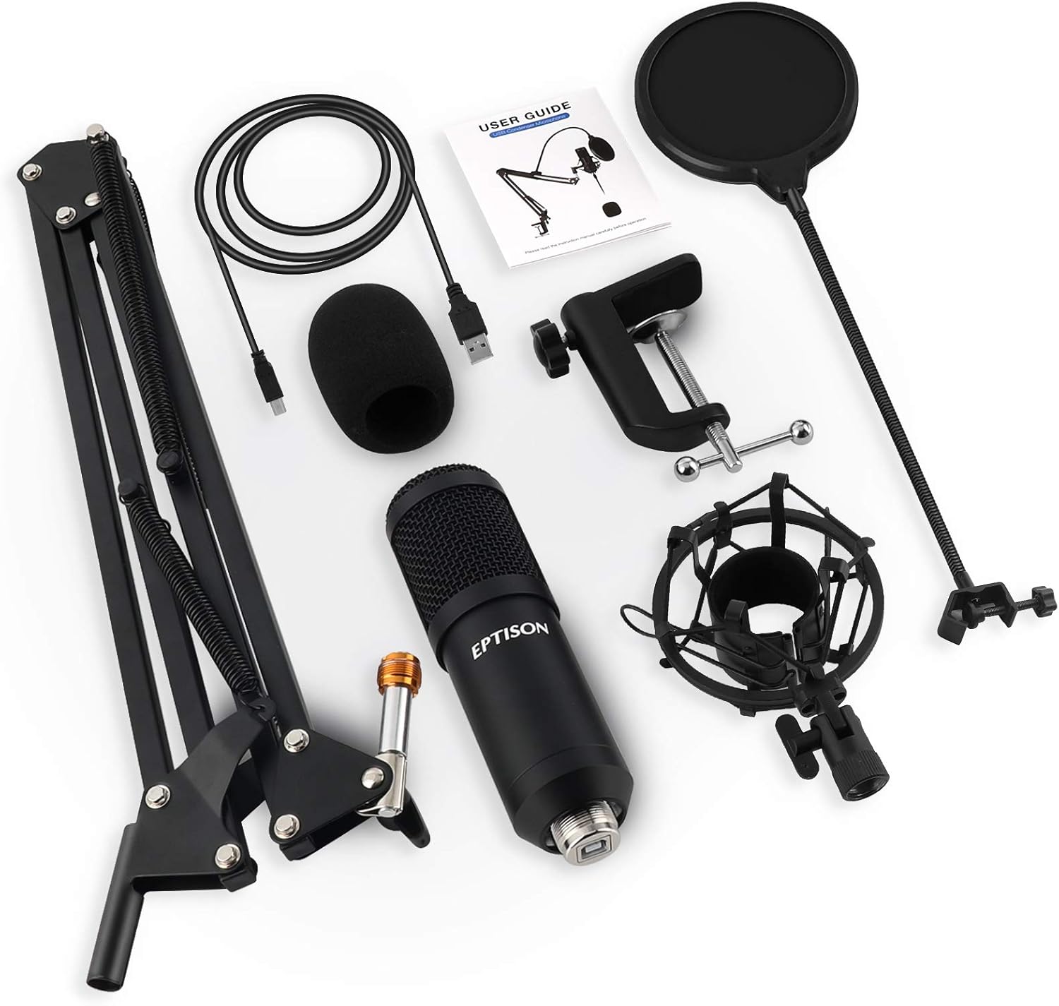 USB Microphone, EPTISON 192kHZ/24bit Professional PC Podcast Streaming Cardioid Condenser Microphone Kit with Boom Arm, Shock Mount, Pop Filter
