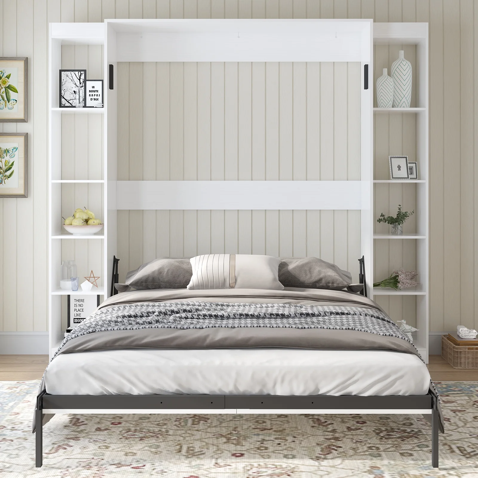 MUZZ Foldable Murphy Bed with 2 Side Cabinets, Folding Wall Bed with Space Saving Design, Fold up Murphy Bed Cabinet for Storage
