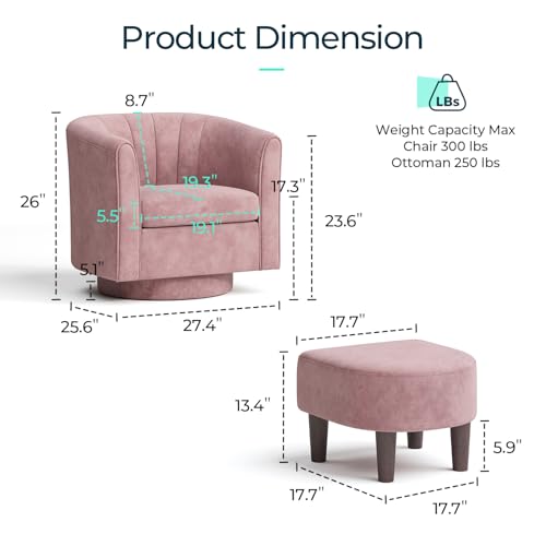 LINSY Swivel Accent Chair Ottoman Set: Velvet Small Barrel Chair with Foot Rest