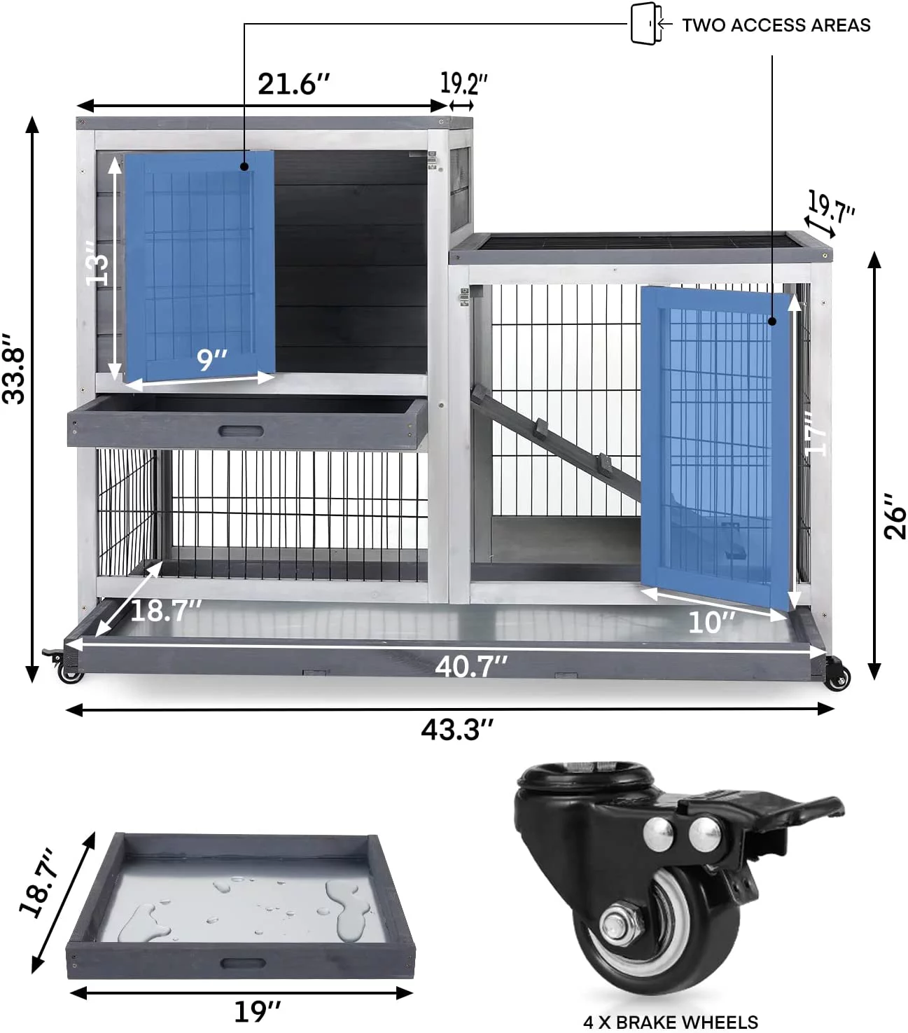 ZPL 43 Inch Rabbit Hutch, Wood Indoor Rabbit Cage Pet Cage with Wheel, Outdoor Large Rolling Bunny Hutch