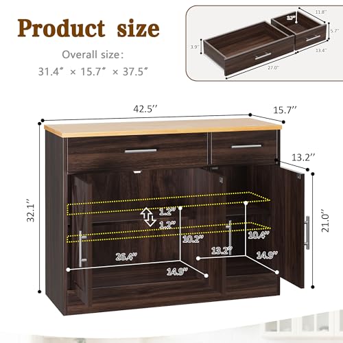 Vongrasig 43&rdquo; Sideboard Buffet Cabinet with Storage, Farmhouse Coffee Bar with Drawers and Shelves, Wood Buffet Table for Kitchen, Dining Room