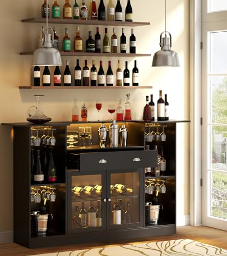 Loomie Bar Table Cabinet with LED & Drawer, Mini Liquor Bar with 8-Tier Storage & Stemware Holder