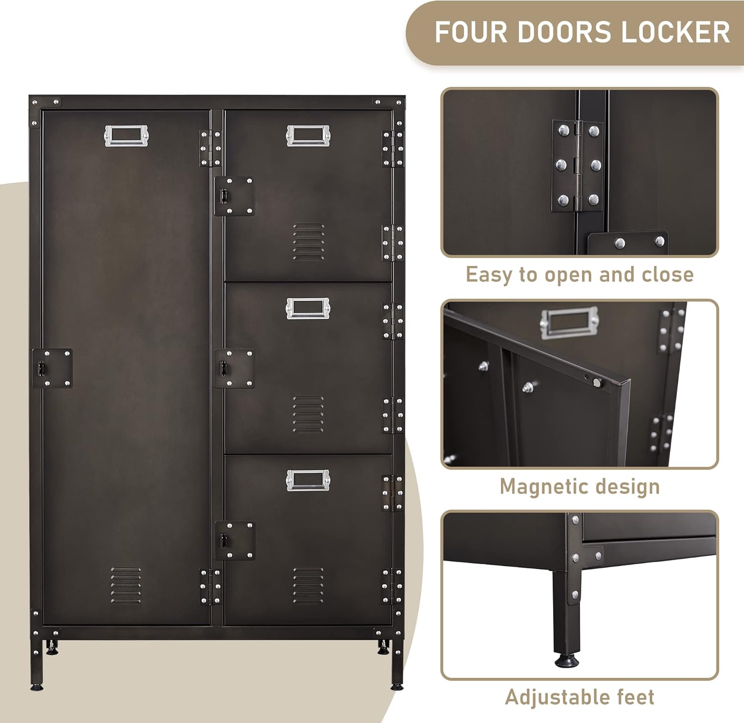 Metal Storage Cabinet, Storage Locker Employees Locker with 4 Doors, 55 Height Steel Cabinet with Lockable Doors