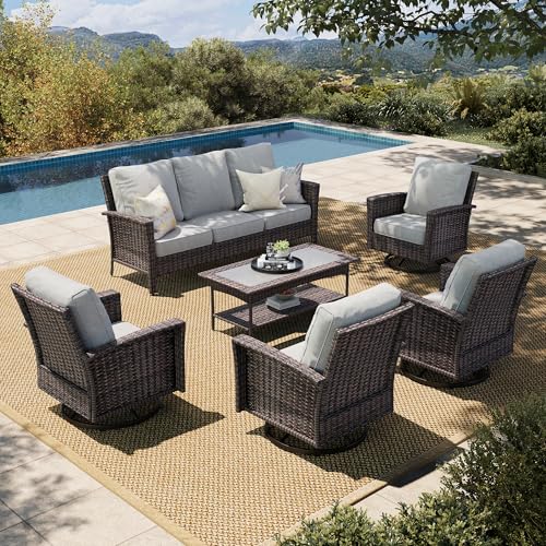 HERA'S HOUSE High Back Patio Furniture Set with Swivel Chairs, Outdoor Wicker Conversation Sets with 5.5" Comfy Cushions, 4 Piece Outside Sofa Sets