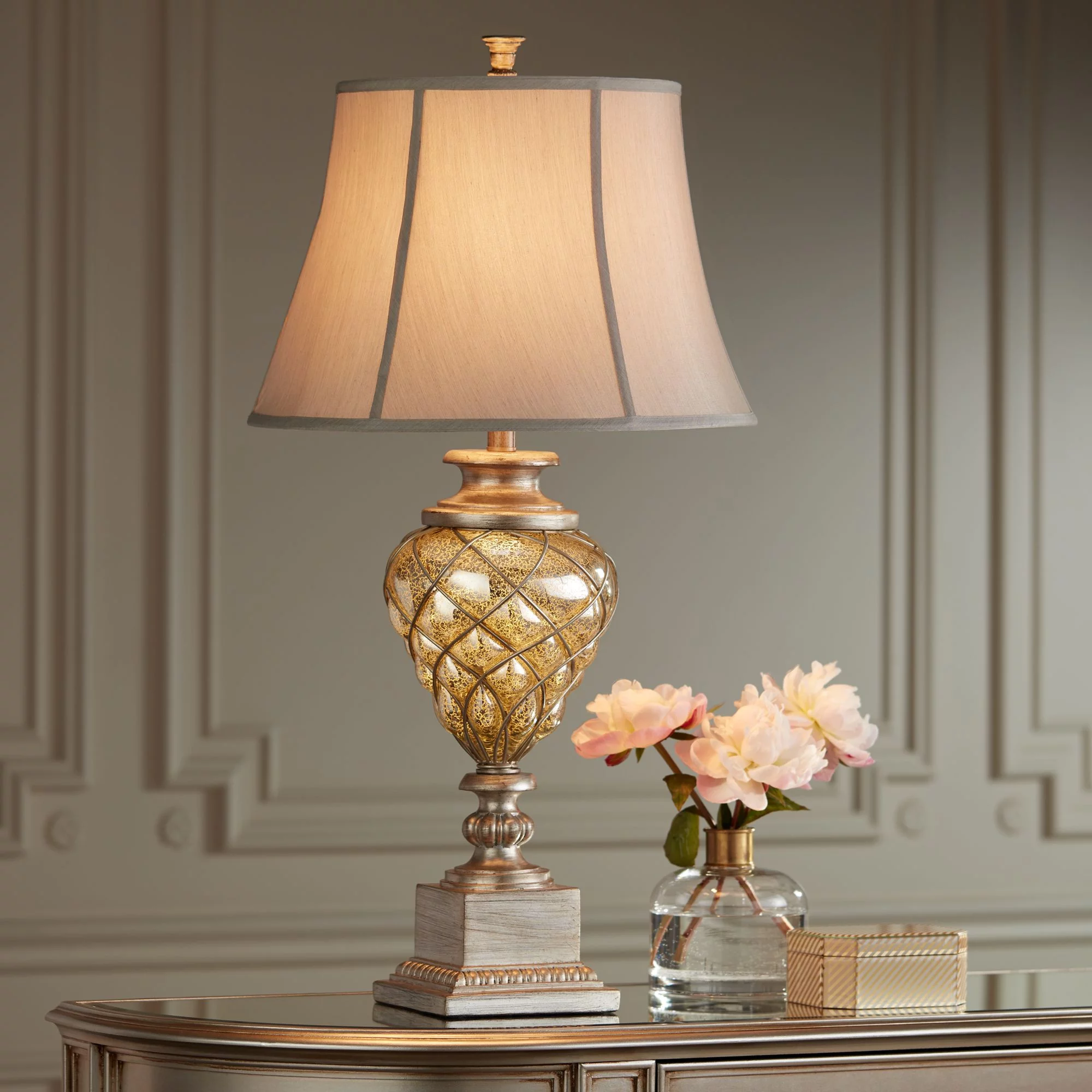 Barnes and Ivy Luke 33 3/4" Tall Large Traditional End Table Lamps Set of 2 LED Night Light Gold Silver Finish Mercury Glass