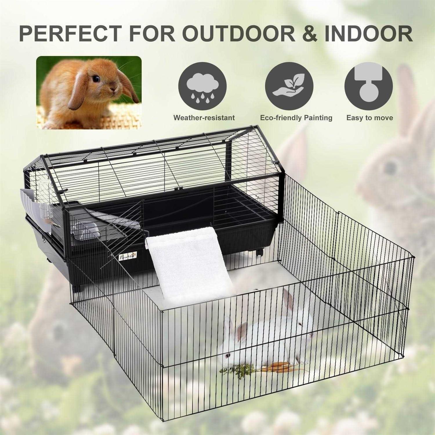 PawHut Rolling Metal Rabbit Guinea Pig or Small Animal Hutch Cage with Main House and Run - Pet Supplies online store