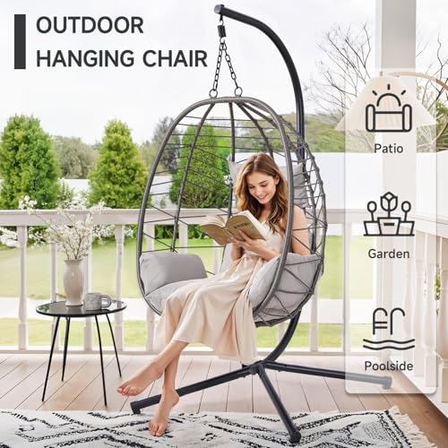 Hanging Egg Chair with Stand, Outdoor Indoor Egg Swing Chair with Cushion Headrest, Wicker Rattan Egg Chair with Dual Chains