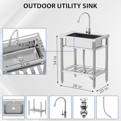 28"x20"x34" Stainless Steel Utility Sink, Freestanding Single Bowl with Hot & Cold Water Faucet