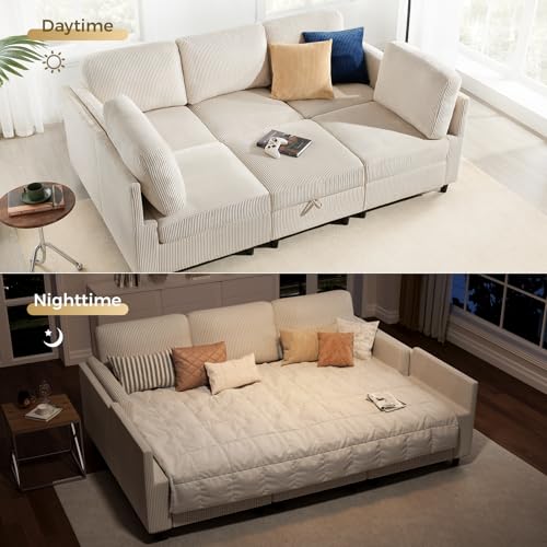 KKL Modular Sectional Sofa Bed with Storage Ottoman, Convertible L/U-Shaped Sleeper Couch for Living Room, Modern Reversible Design, Beige