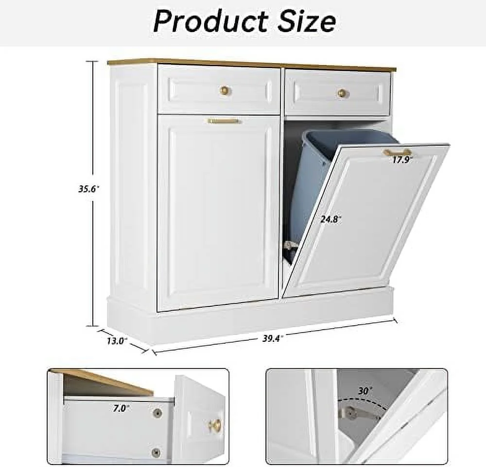 HOOMHIBIU Double Barn Door Style Trash Cabinet  Double Tilt Out Trash Cabinet with Solid Hideaway Drawer Rustic Kitchen Trash Cabinet Free Standing