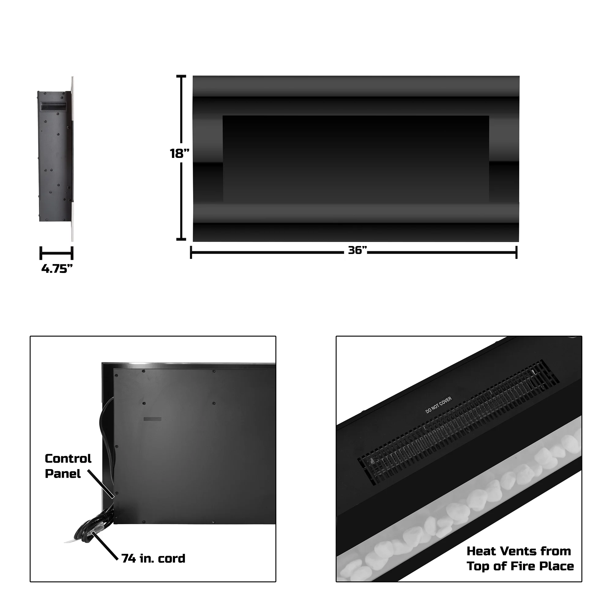 Northwest 36-inch Modern Wall-Mount Electric Fireplace with Remote (Black)