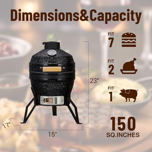 13-Inch Portable Ceramic Charcoal Grill with Grill Stand, Egg Shaped Ceramic Charcoal Grill w 10.6" Stainless Steel Cooking Grate