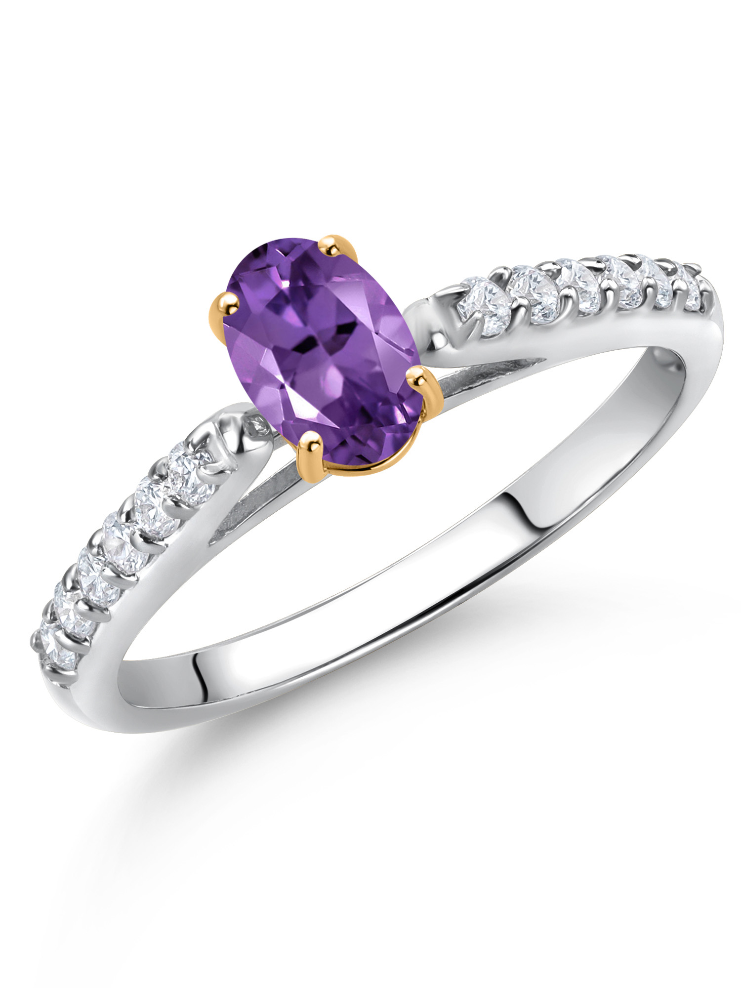 925 Sterling Silver and 10K Yellow Gold Purple Amethyst and White Lab Grown Diamond Engagement Ring For Women (0.63 Cttw, Oval 6X4MM