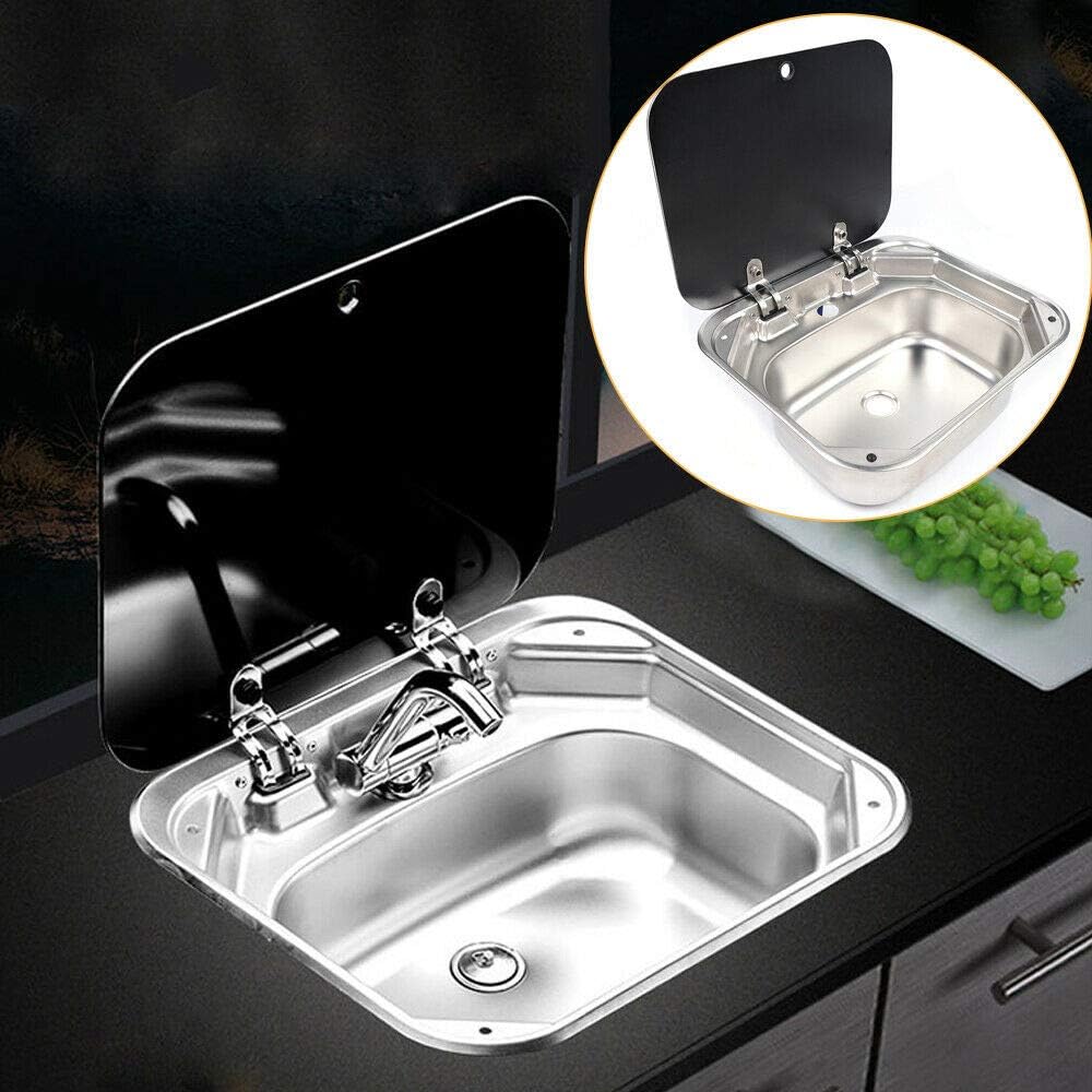 RV Caravan Sink, Stainless Steel Sink Hand Wash Basin Kitchen Basin Sink + Glass Lid+ Cold&Hot Faucet for Camper Boating Trailer Accessories