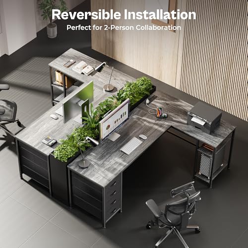 Huuger 63 Inch L Shaped Desk with Fabric Drawers, Reversible Computer Gaming Desk with Power Outlets and USB-C Port, Adjustable Side Storage Shelves