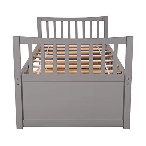 Full Size Storage Bed with Bookcase Headboard and Trundle, Wood Platform Bed Frame with Charging Station
