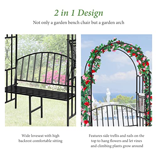 Garden Arch Heavy Duty (Holds 660lbs-250kg) | Metal Arbor Archway for Climbing Plant & Two People Seat Bench |Outdoor Lawn Backyard Decor 81 x 45.3 x