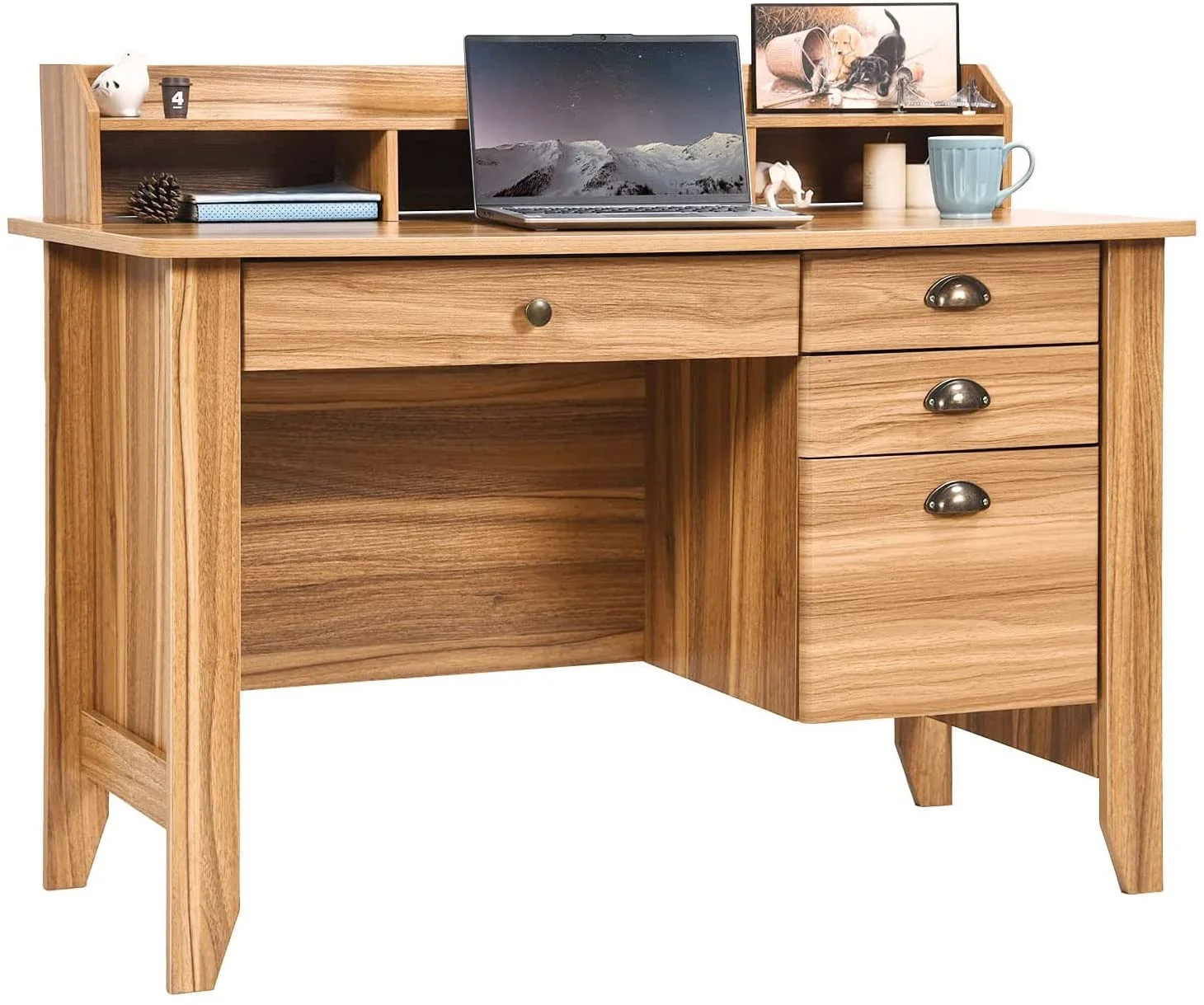 Catrimown Computer Desk, 47.5 in Wood Home Office Desk with Hutch and 4 Drawers, Monitor Stand, Rustic Brown