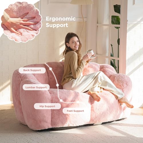 MAXYOYO Bean Bag Chair for Adults, Floral Shaped Bean Bag Sofa, Ultra Soft Faux Fur Floor Sofa, Large Reading Chair for Living Room Bedroom, Beige