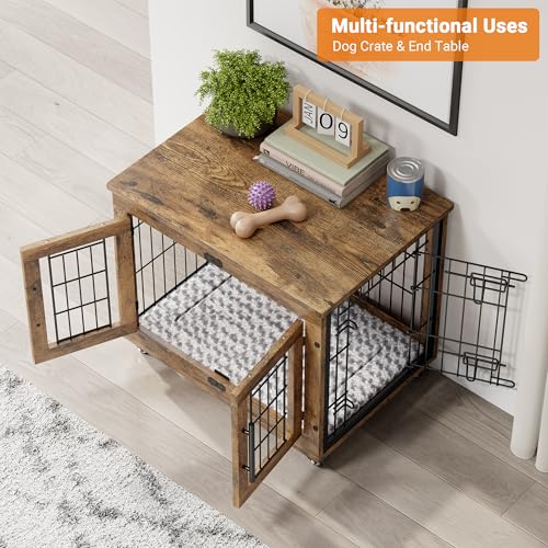 Lulive Dog Crate Furniture for Medium Dogs, 32'' Dog Kennel Indoor with Cushion & Wheels Wooden Dog Cage Double Doors Dog Crate End Table, Grey
