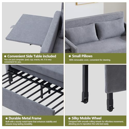 3-in-1 Sleeper Sofa Bed, 51'' Convertible Folding Couch with Pullout Bed, Chenille Futon Sleeper Sofa with Side Table and 2 Pillows