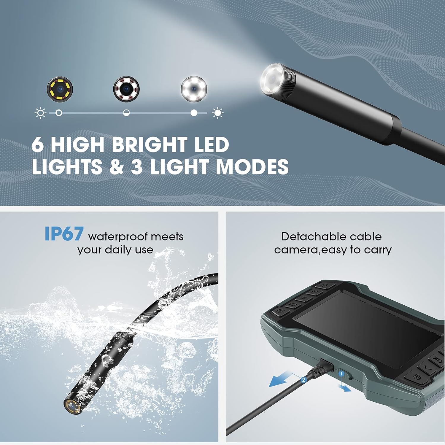 Borescope Inspection Camera, Industrial Endoscope Camera 1080P 4.5 IPS Screen w/ IP67 Waterproof Snake Camera 6 LED Lights