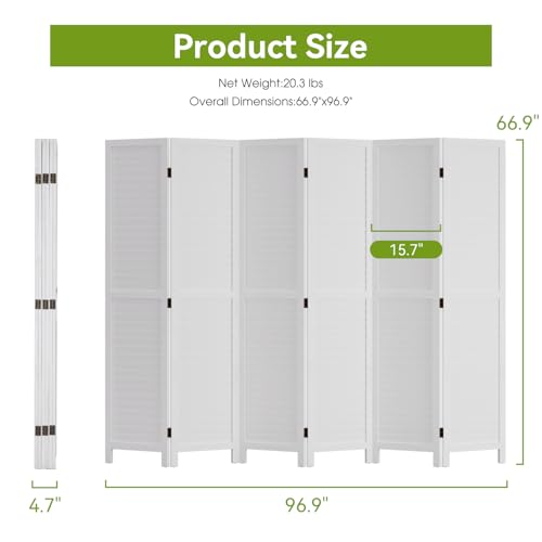 Room Divider 6 Panel Wood Privacy Screen Folding Partition Wall Room Dividers Freestanding White 5.57 FT Tall Divider for Room Separation