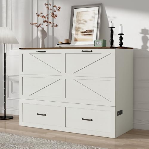 Full Size Murphy Chest Bed with Drawer and Charging Station, Farmhouse Wood Space-Saving Hidden Folding Bed Chest