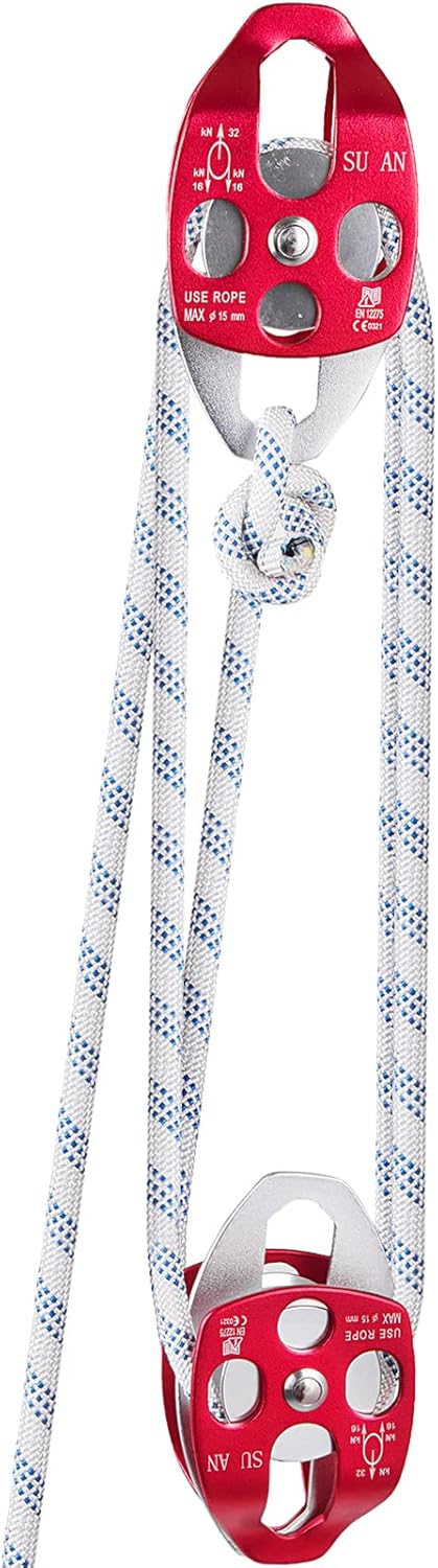 Mophorn Twin Sheave Block and Tackle 2/5-1/2Inch 100-200Ft Twin Sheave Block with Braid Rope 30-35KN 6600-7705LBS Double Pulley Rigging