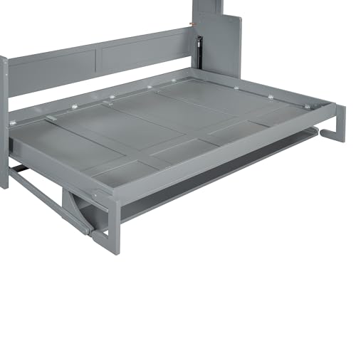 Ball & Cast Queen Size Murphy Bed,Murphy Bed Cabinet W/ 2 Five-Layer Cabinet,Hideaway Wall Bed W/LED Lights,Wood Hidden Bed Frame for Guest Room