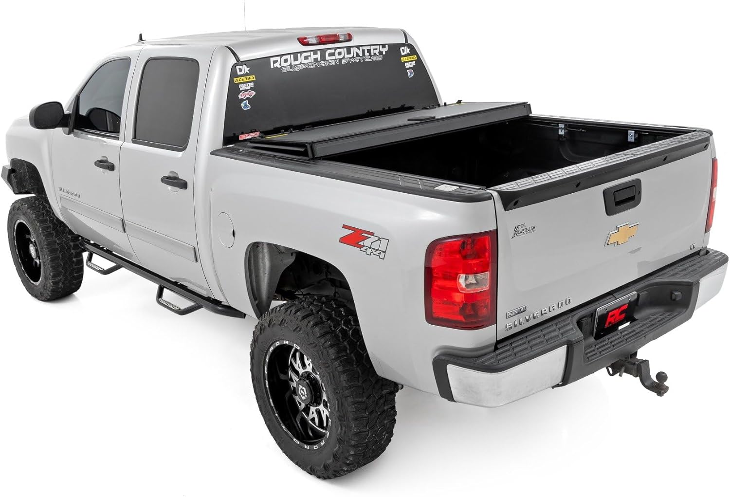 Rough Country Hard Tri-Fold Flip Up Truck Bed Tonneau Cover for Chevy Silverado 1500/GMC Sierra 1500 (2007-2013) - Fits 5'9 (69.3") Bed w/Rail Caps
