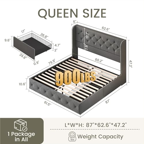 King Size Bed Frame with 4 Storage Drawers and Tufted Headboard Linen Upholstered Platform Bed Frame Wingback Beds with Wooden Slats Support