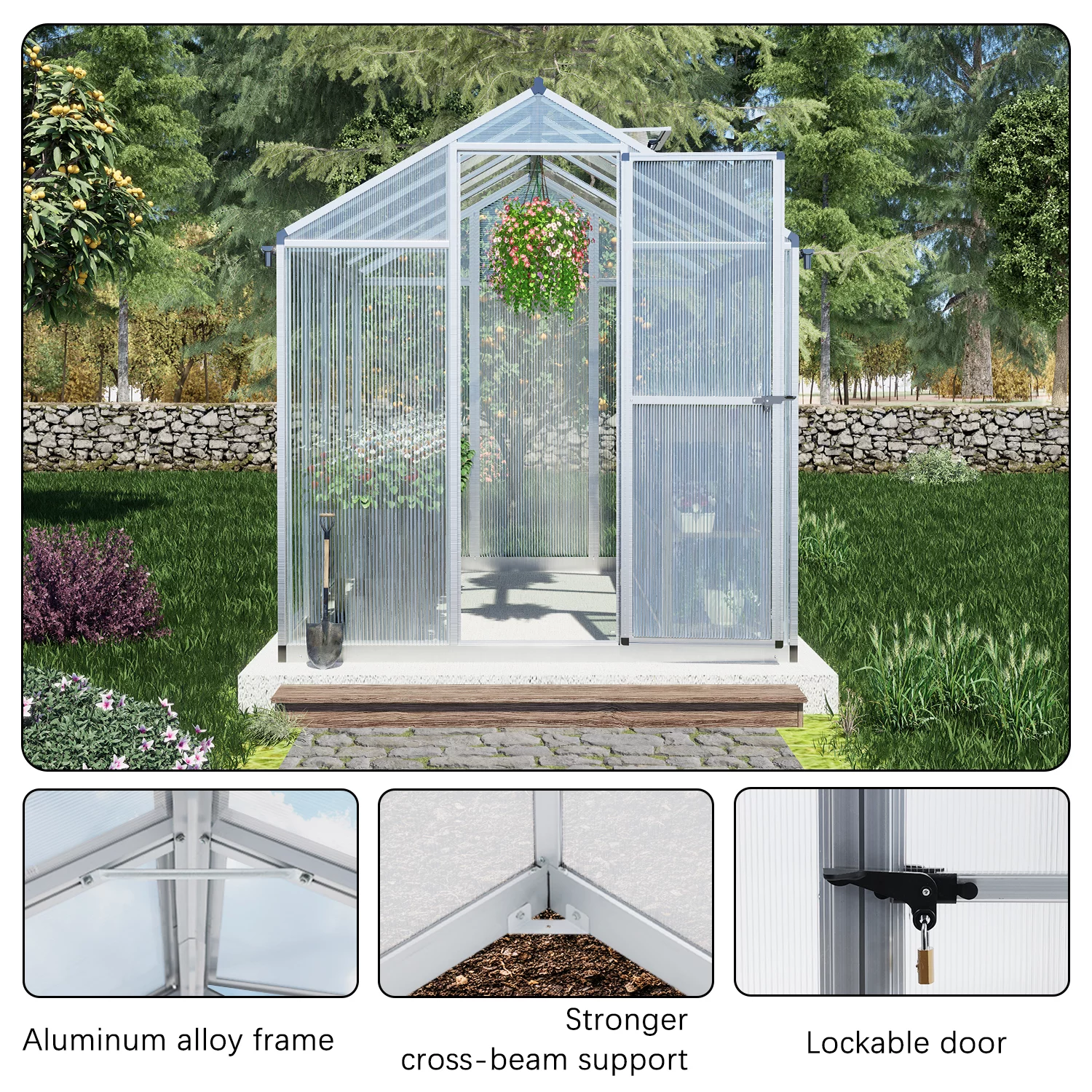 Aoodor 6' x 8' Walk-in Polycarbonate Greenhouse with Roof Vent and Door lock, Heavy Duty Aluminum Frame and Polycarbonate Panels
