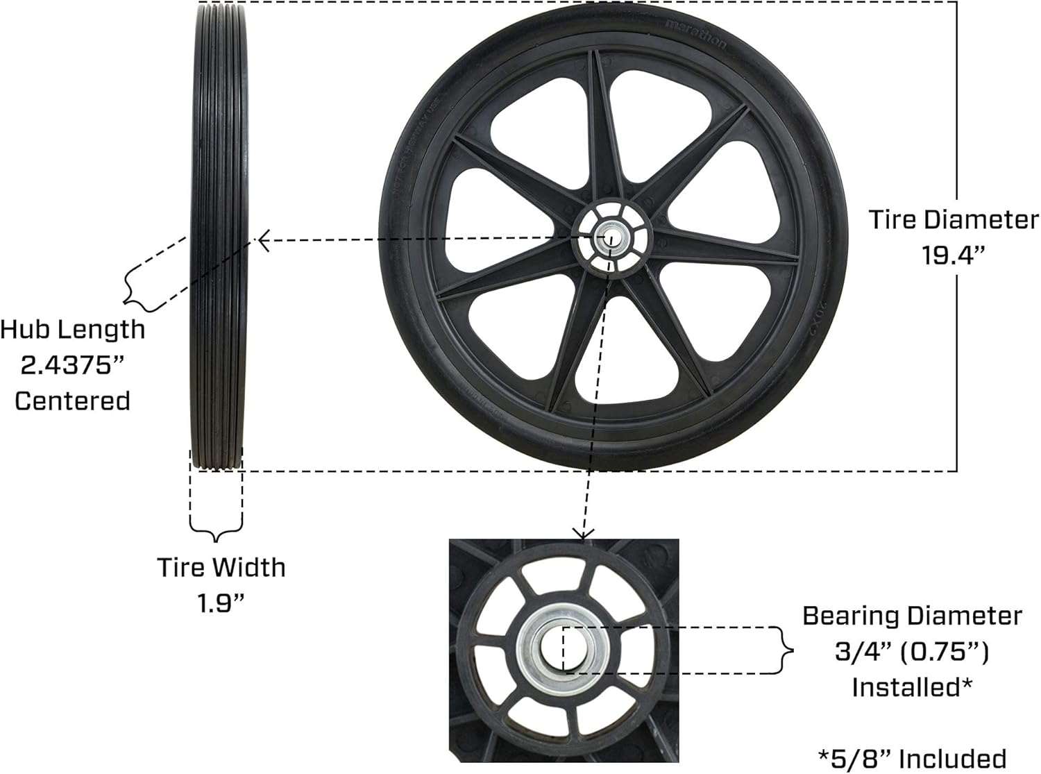 Marathon 92001-2pk 20x2.0 Rim Flat Free Cart Tire Assembly, 2 Pack Pack of 2
