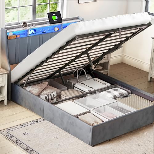 LINSY Lift Up Storage Bed Queen Bed Frame with Storage, Upholstered Bed Frames with Headboard