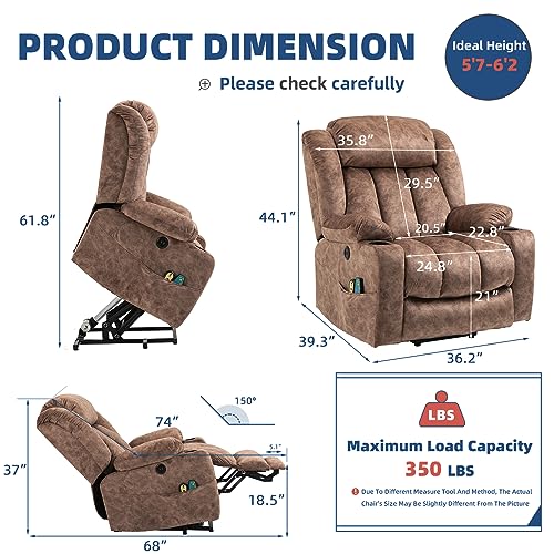 Large Electric Power Lift Recliner Chair with Extended Footrest for Elderly Big Man, Overstuffed Wide Massage Lounge Chairs with Heat, 2 Cup Holders