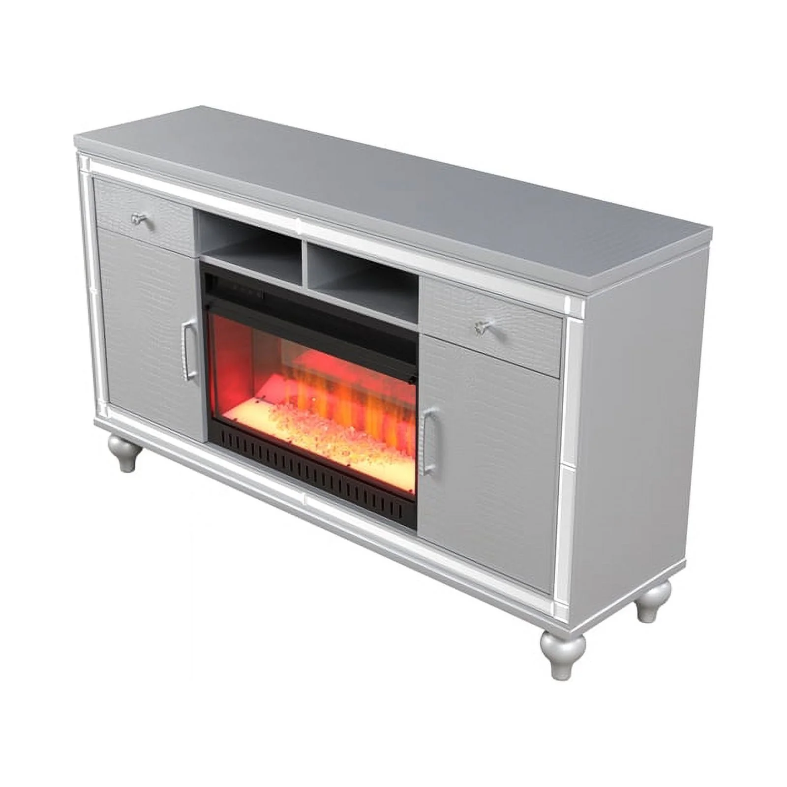 Galaxy Home Furnishings Sterling Solid Wood TV Stand With Electric Fireplace in Silver