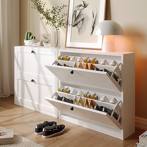 VOWNER Shoe Cabinet with 2 Flip Drawers, Freestanding Shoe Storage Cabinet with Adjustable Shelf & Anti-Tipping Device, Shoe Rack for Entryway