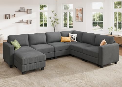 HONBAY Corduroy Modular Sectional Couch with Storage L-Shaped Sectional Couches for Living Room 6 Seater Modular Sofa, Dark Gray