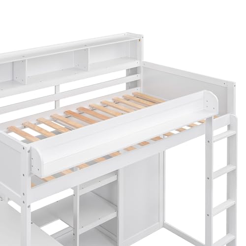 Harper & Bright Designs Twin Size Loft Bed with Wardrobe, Desk and Multiple Storage Shelves, Solid Wood Loft Bed Frame with Bookshelf