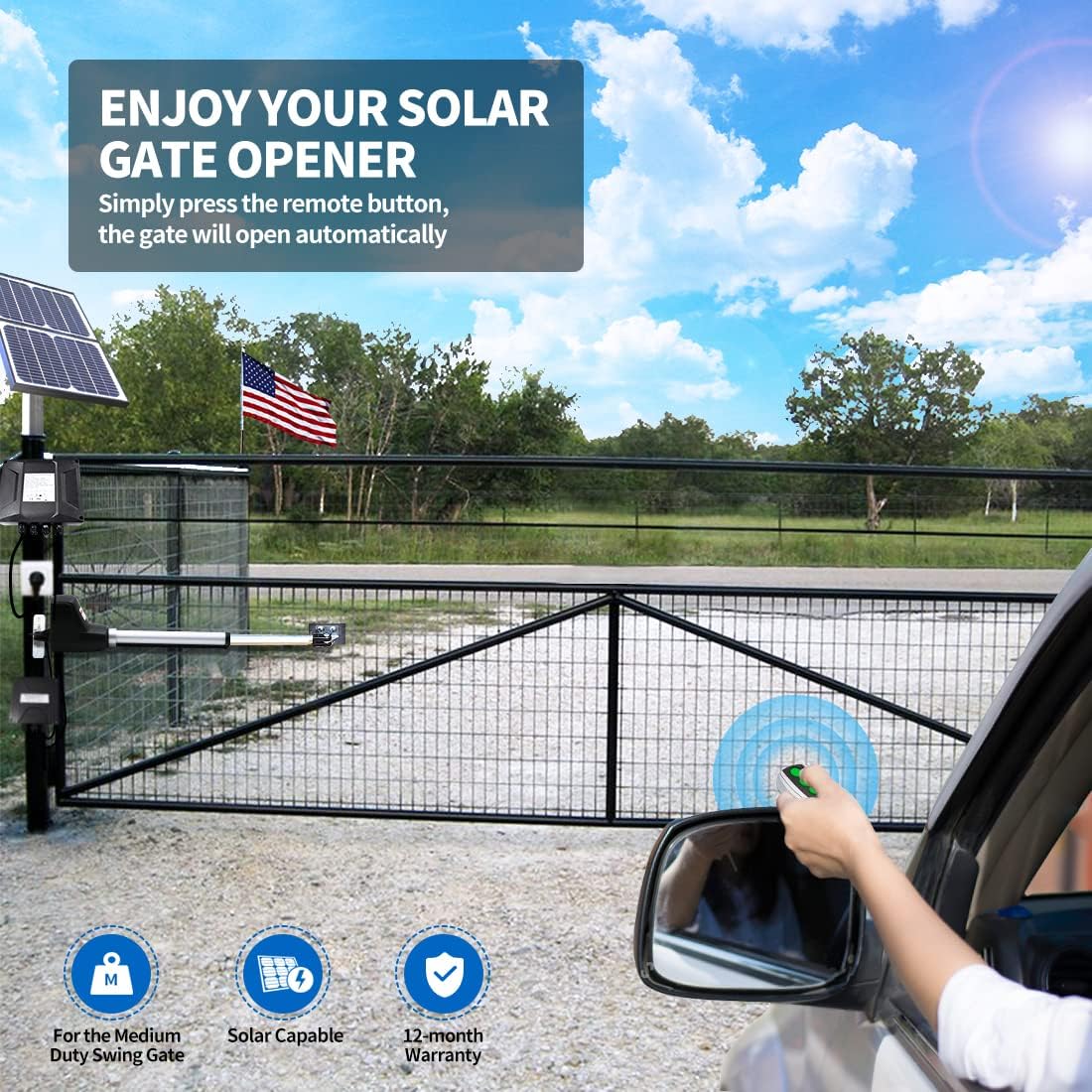 TOPENS AT6131S Solar Single Swing Gate Opener Medium Duty Automatic Gate Motor for Single Swing Gates Up to 18ft