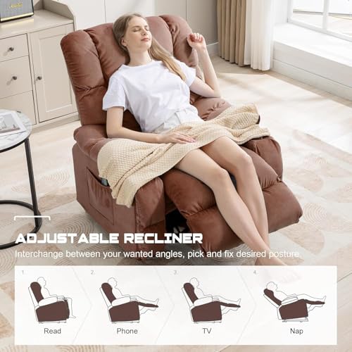 COMHOMA Recliner Chair, Swivel Rocker Recliner with Cup Holders, Heat and Massage, Fabric Recliners Sofa for Living Room (Brown)