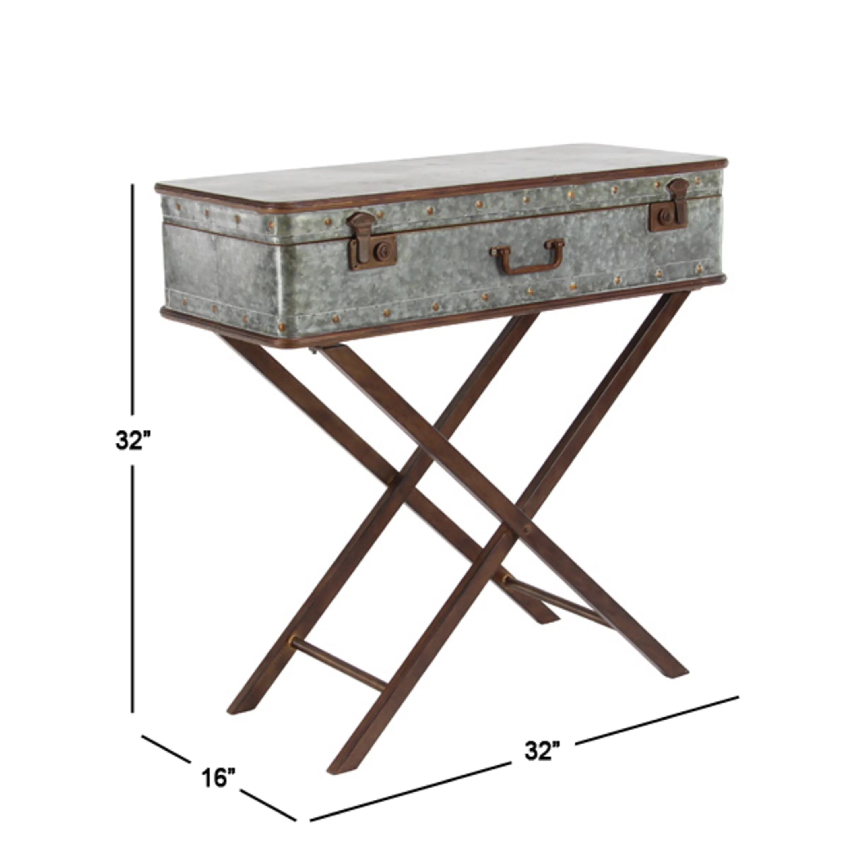 DecMode 32" x 32" Gray Metal Accent Table with Suitcase Style Top, 1-Piece